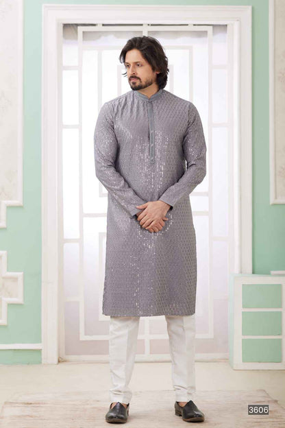 Grey Pure Soft Art Banarasi Silk Embroidery Thread Work Kurta Pajama Set
