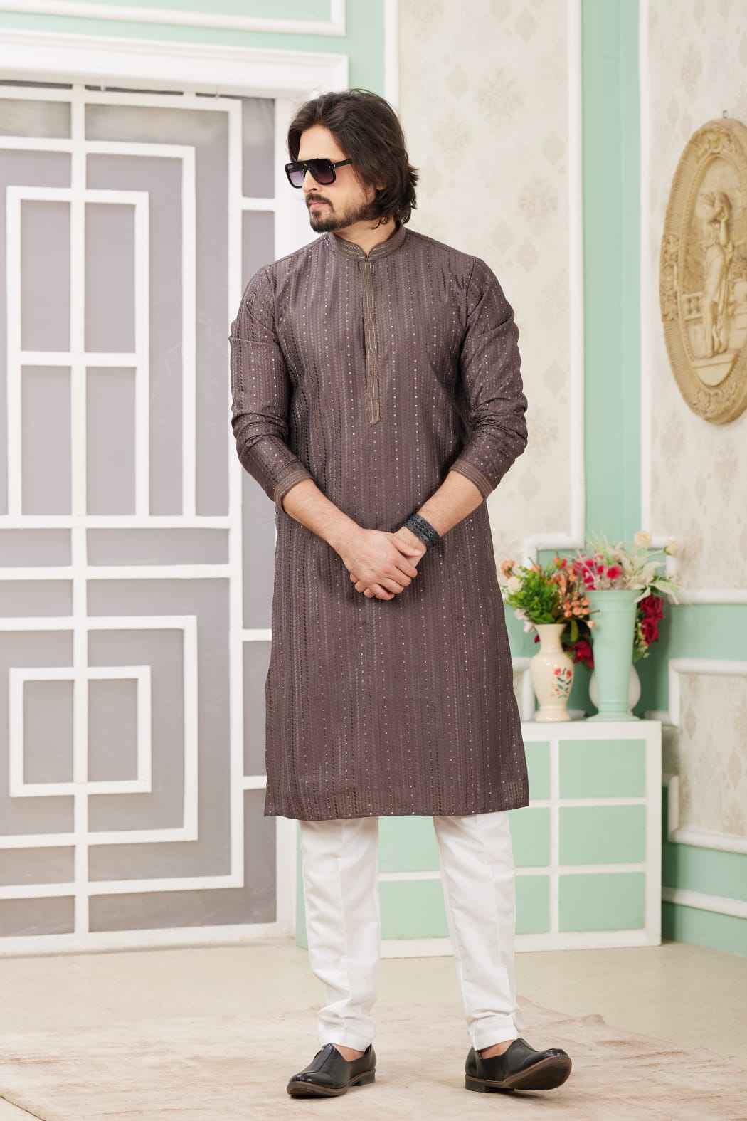Brown Pure Soft Art Banarasi Silk Embroidery Thread Work Kurta Pajama Set