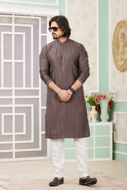 Brown Pure Soft Art Banarasi Silk Embroidery Thread Work Kurta Pajama Set