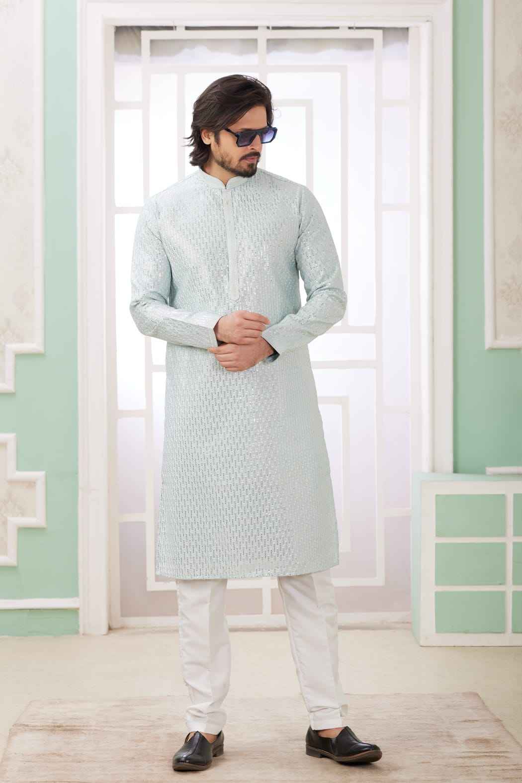 Mint Green Pure Soft Art Banarasi Silk Embroidery Thread Work Kurta Pajama Set