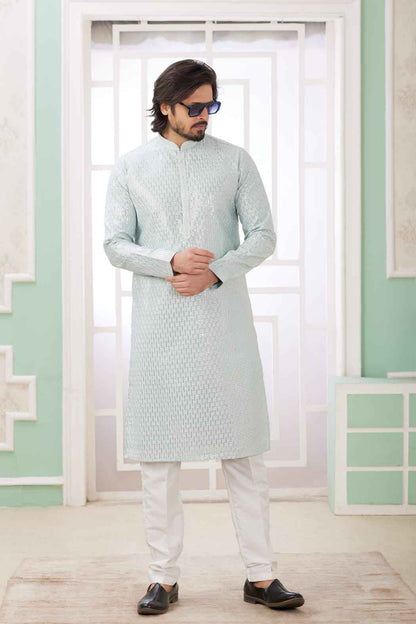 Mint Green Pure Soft Art Banarasi Silk Embroidery Thread Work Kurta Pajama Set