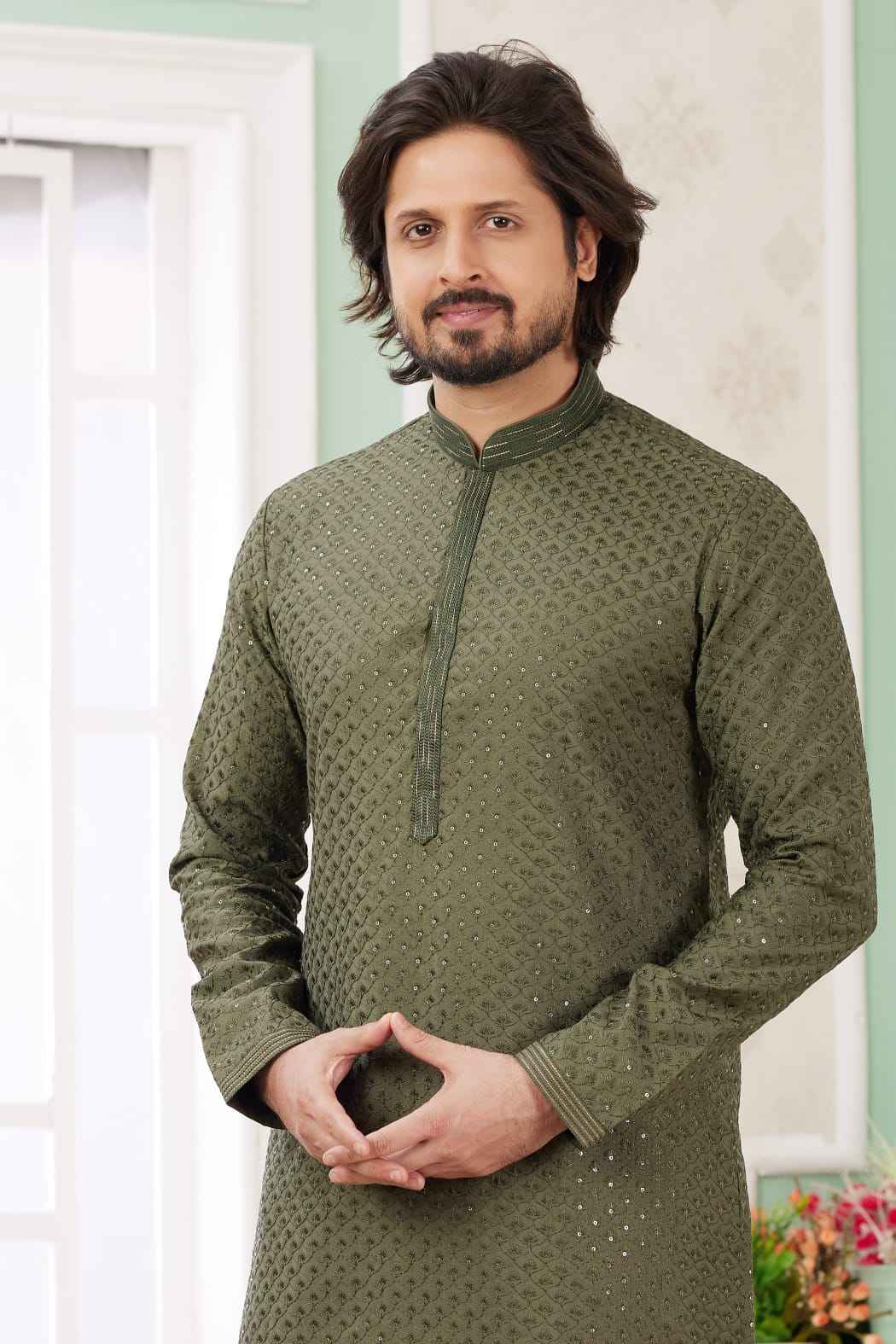 Mahendi Pure Soft Art Banarasi Silk Embroidery Thread Work Kurta Pajama Set