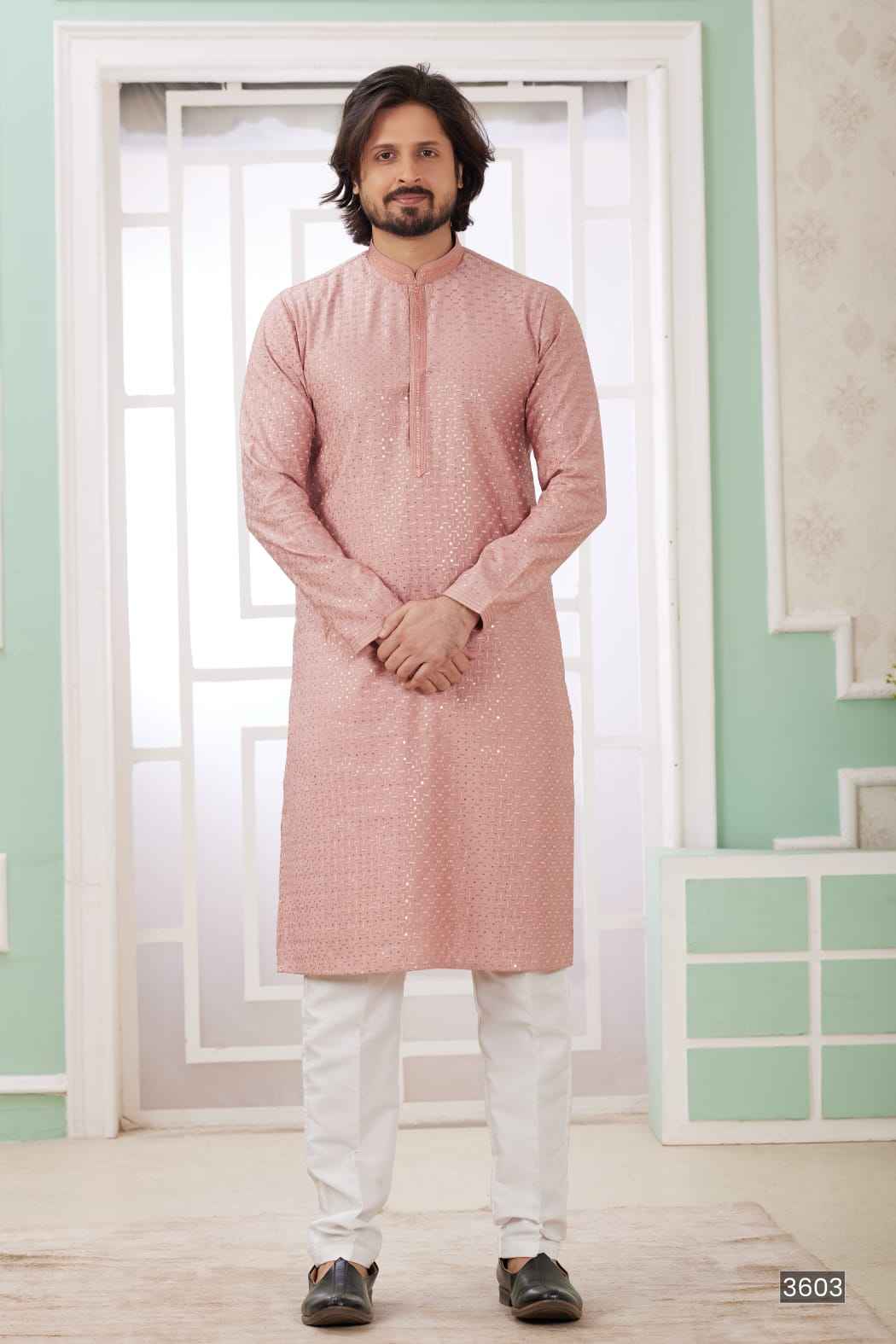 Peach Pure Soft Art Banarasi Silk Embroidery Thread Work Kurta Pajama Set