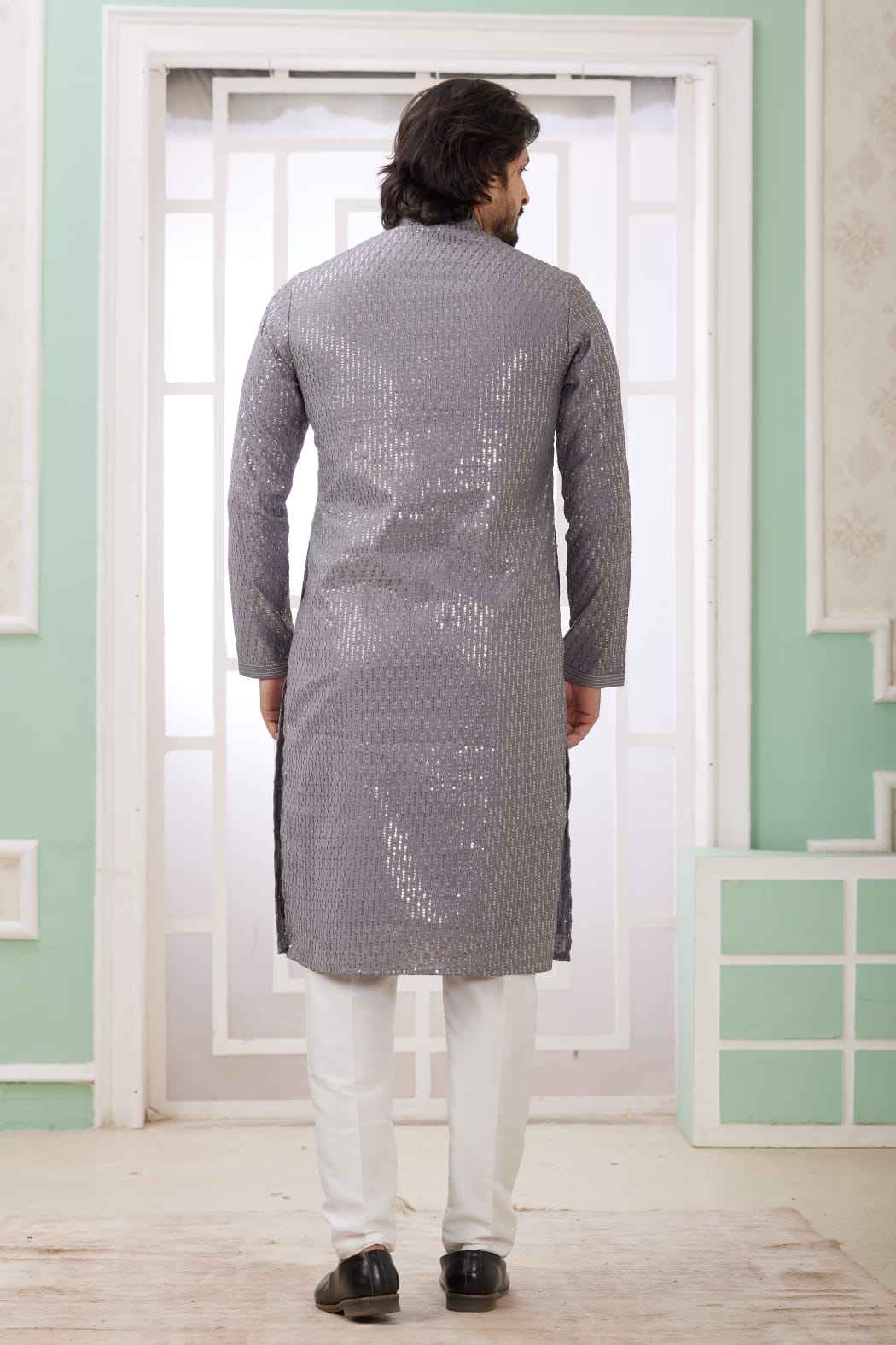 Grey Pure Soft Art Banarasi Silk Embroidery Thread Work Kurta Pajama Set