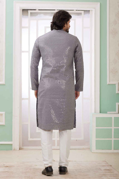 Grey Pure Soft Art Banarasi Silk Embroidery Thread Work Kurta Pajama Set