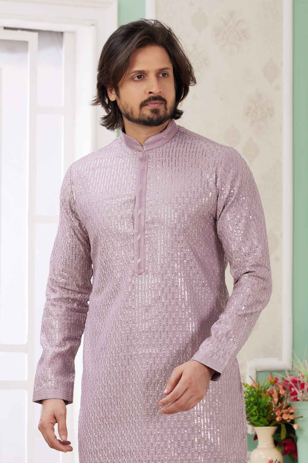 Lilac Pure Soft Art Banarasi Silk Embroidery Thread Work Kurta Pajama Set
