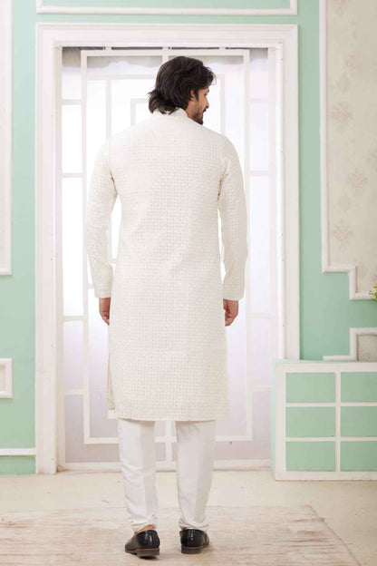 Cream Pure Soft Art Banarasi Silk Embroidery Thread Work Kurta Pajama Set