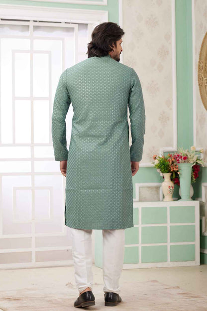 Green Pure Soft Art Banarasi Silk Embroidery Thread Work Kurta Pajama Set