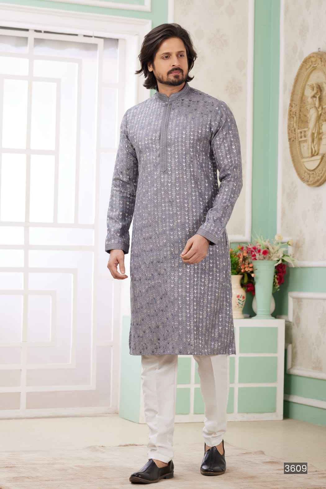 Grey Pure Soft Art Banarasi Silk Embroidery Thread Work Kurta Pajama Set
