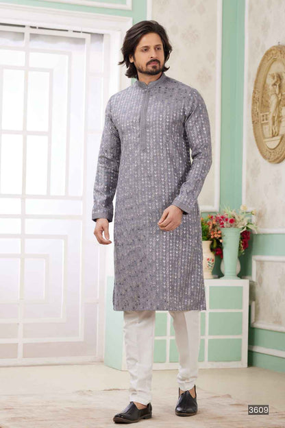 Grey Pure Soft Art Banarasi Silk Embroidery Thread Work Kurta Pajama Set