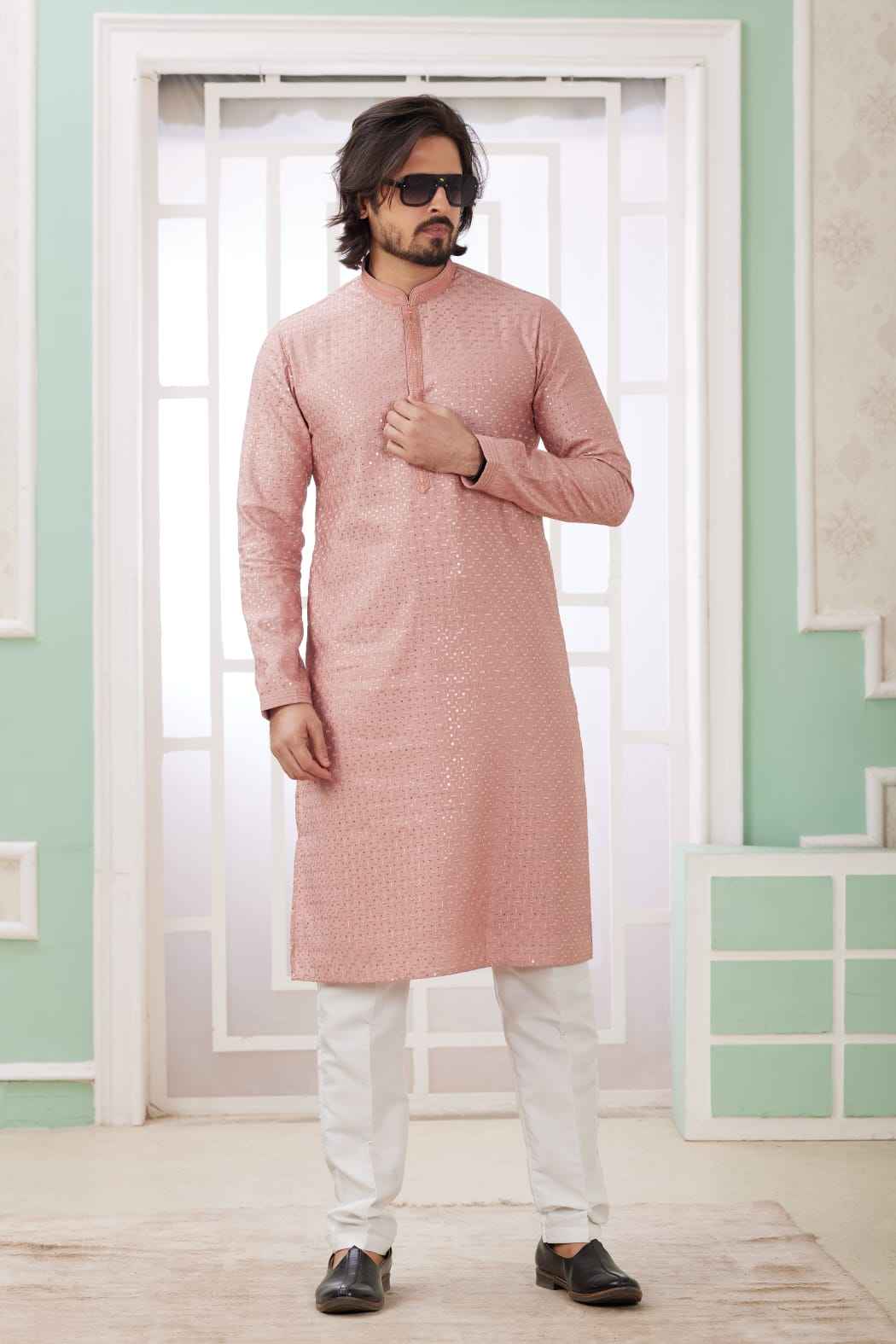 Peach Pure Soft Art Banarasi Silk Embroidery Thread Work Kurta Pajama Set