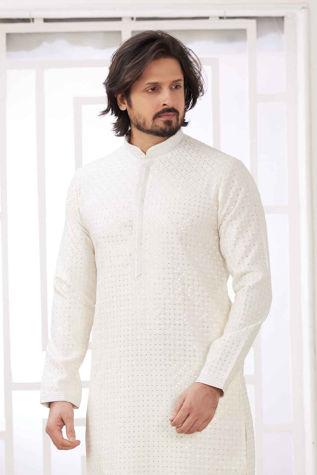 Cream Pure Soft Art Banarasi Silk Embroidery Thread Work Kurta Pajama Set