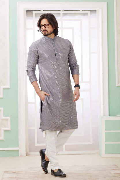 Grey Pure Soft Art Banarasi Silk Embroidery Thread Work Kurta Pajama Set