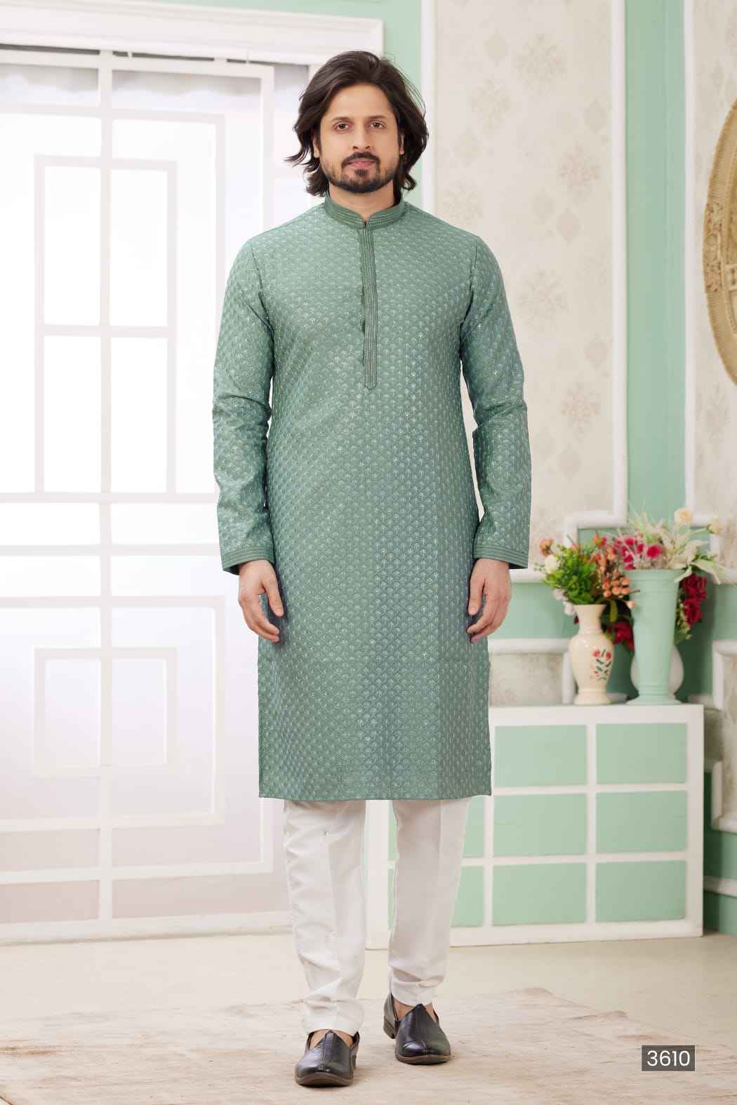Green Pure Soft Art Banarasi Silk Embroidery Thread Work Kurta Pajama Set