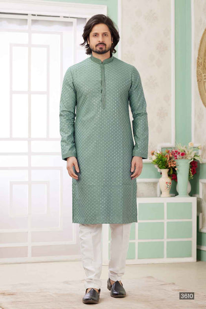 Green Pure Soft Art Banarasi Silk Embroidery Thread Work Kurta Pajama Set