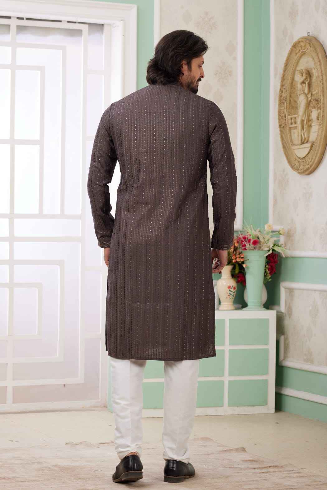 Brown Pure Soft Art Banarasi Silk Embroidery Thread Work Kurta Pajama Set
