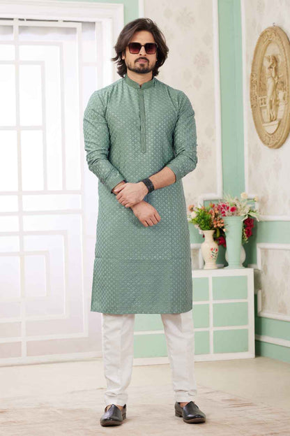 Green Pure Soft Art Banarasi Silk Embroidery Thread Work Kurta Pajama Set