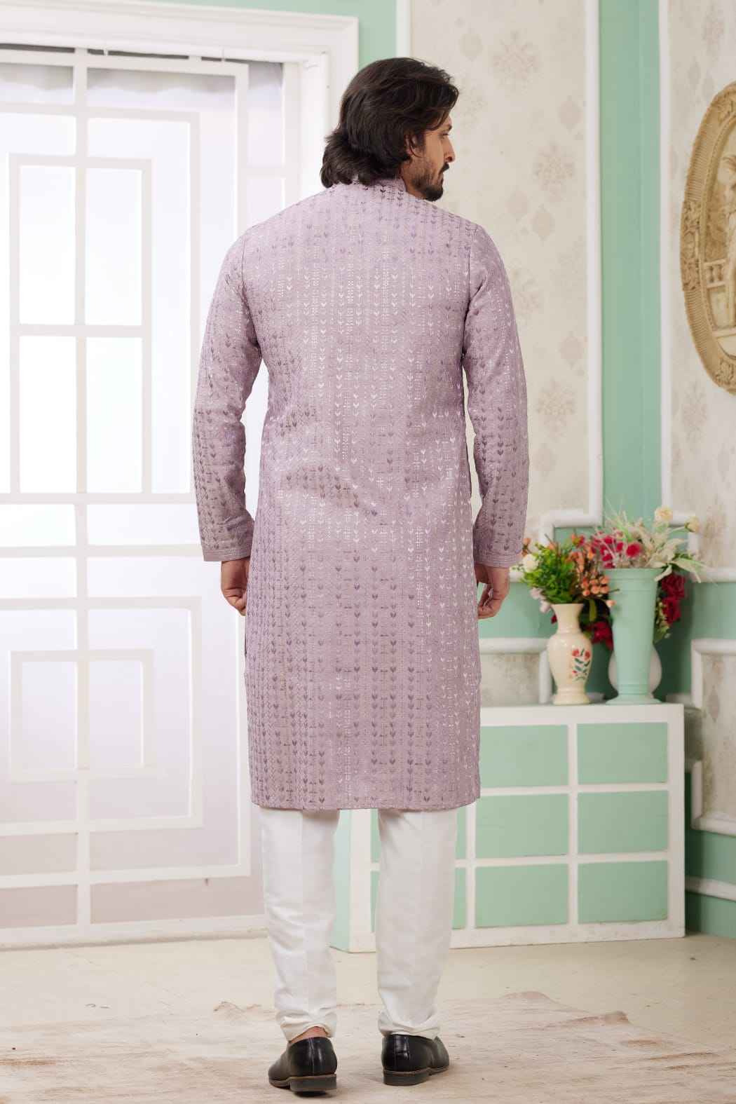 Lilac Pure Soft Art Banarasi Silk Embroidery Thread Work Kurta Pajama Set