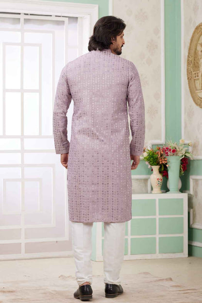 Lilac Pure Soft Art Banarasi Silk Embroidery Thread Work Kurta Pajama Set