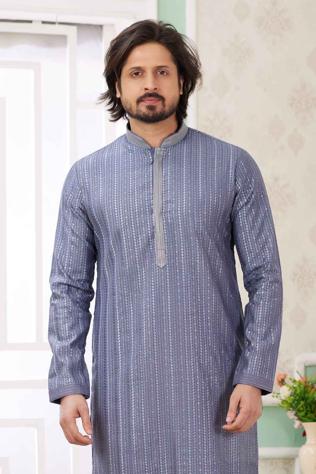 Dusty Blue Pure Soft Art Banarasi Silk Embroidery Thread Work Kurta Pajama Set