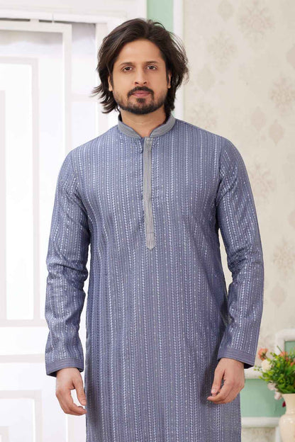 Dusty Blue Pure Soft Art Banarasi Silk Embroidery Thread Work Kurta Pajama Set