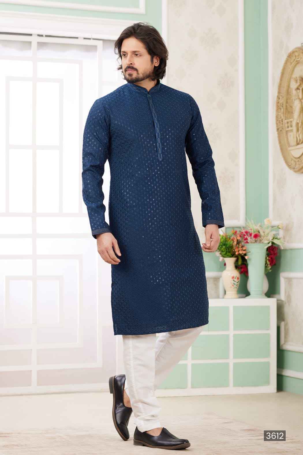 Blue Pure Soft Art Banarasi Silk Embroidery Thread Work Kurta Pajama Set