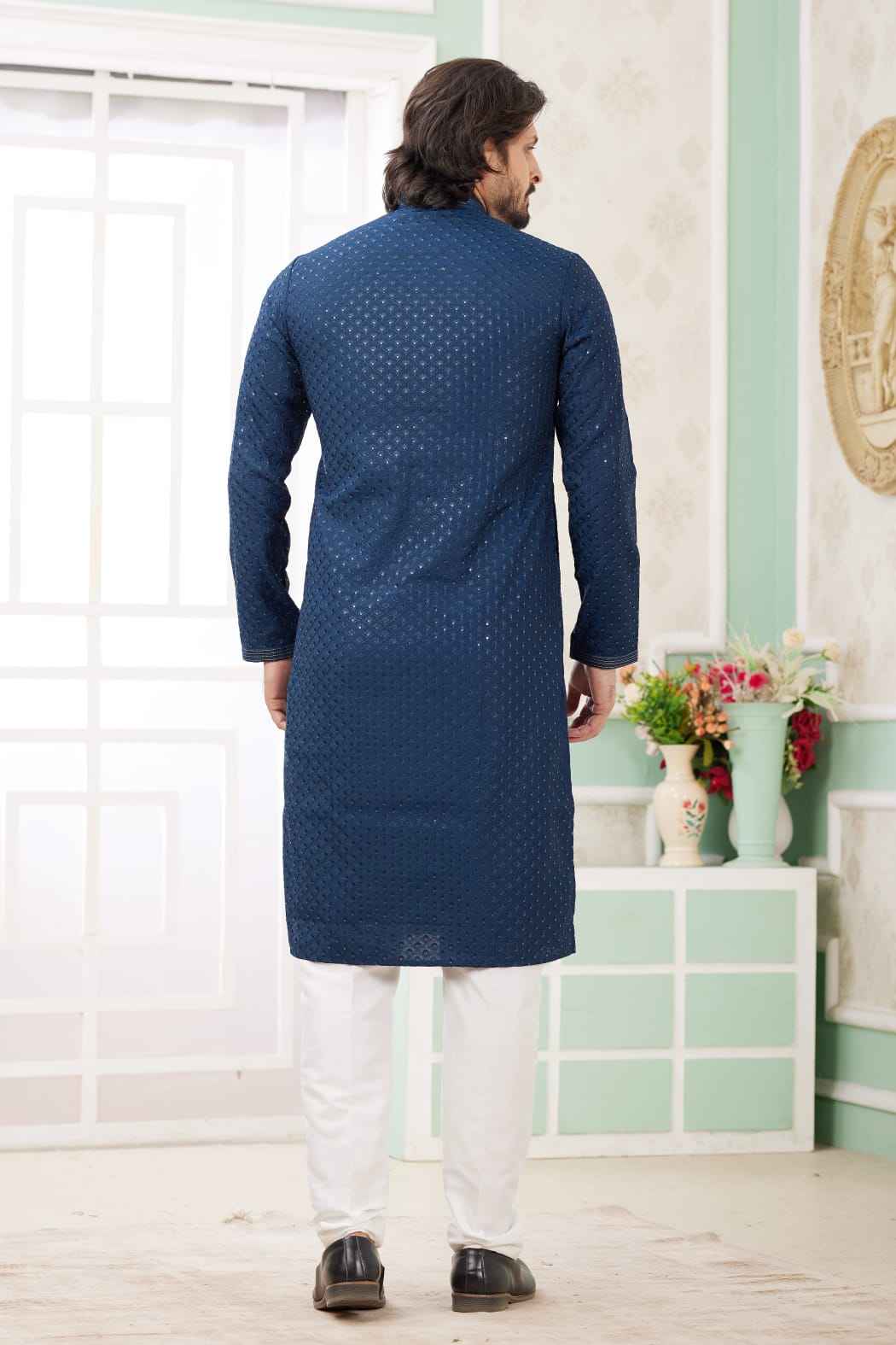 Blue Pure Soft Art Banarasi Silk Embroidery Thread Work Kurta Pajama Set