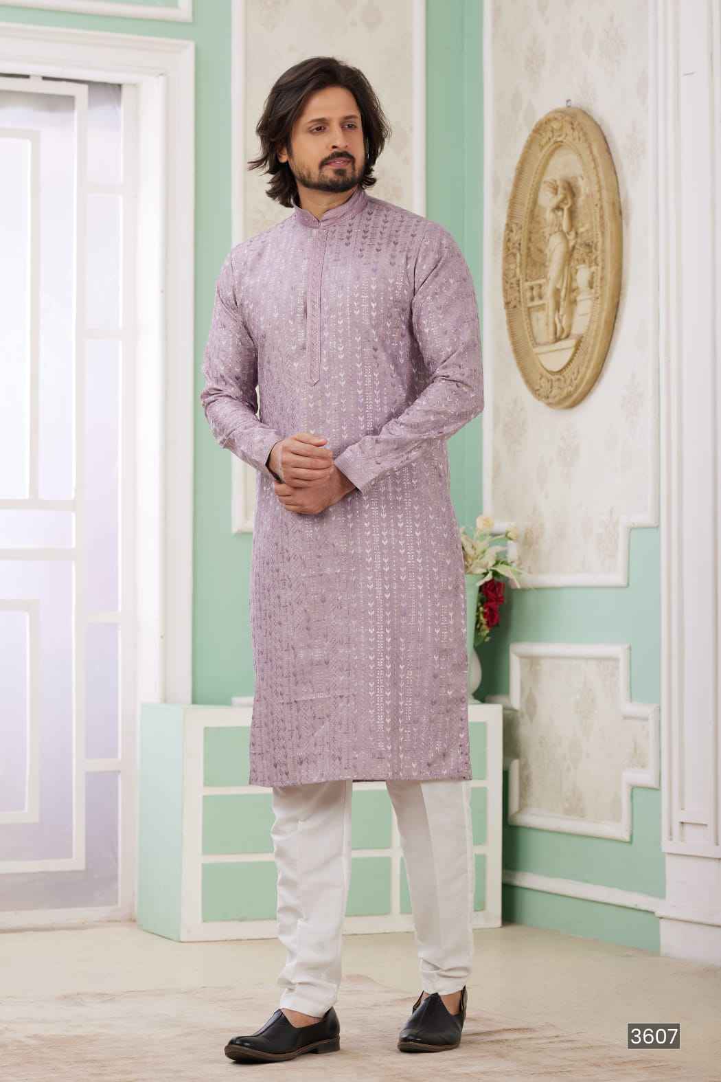 Lilac Pure Soft Art Banarasi Silk Embroidery Thread Work Kurta Pajama Set