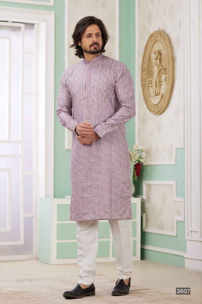 Lilac Pure Soft Art Banarasi Silk Embroidery Thread Work Kurta Pajama Set