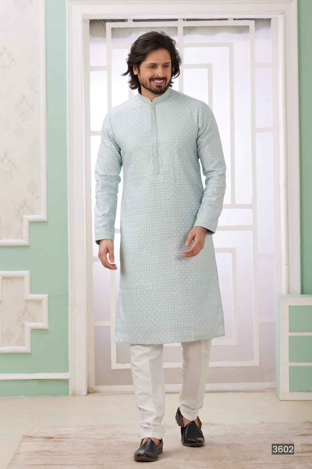 Mint Green Pure Soft Art Banarasi Silk Embroidery Thread Work Kurta Pajama Set