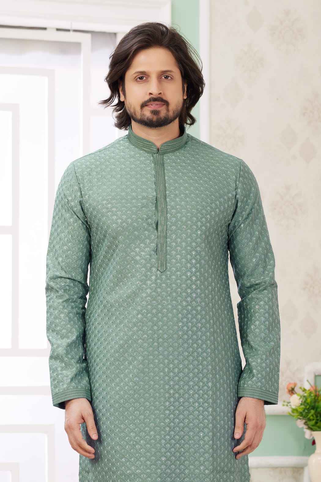 Green Pure Soft Art Banarasi Silk Embroidery Thread Work Kurta Pajama Set