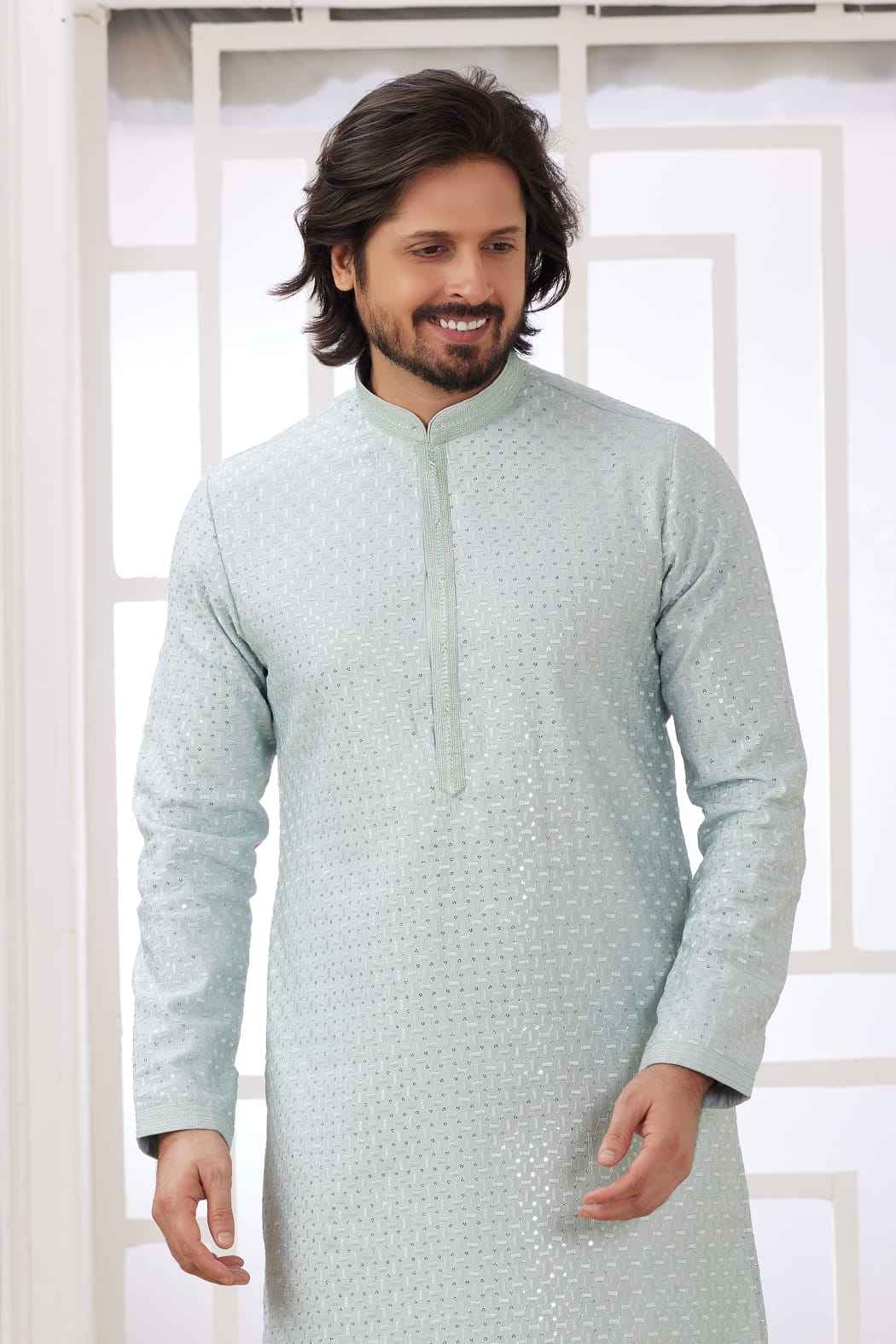 Mint Green Pure Soft Art Banarasi Silk Embroidery Thread Work Kurta Pajama Set