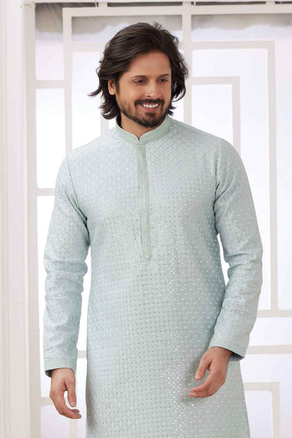 Mint Green Pure Soft Art Banarasi Silk Embroidery Thread Work Kurta Pajama Set