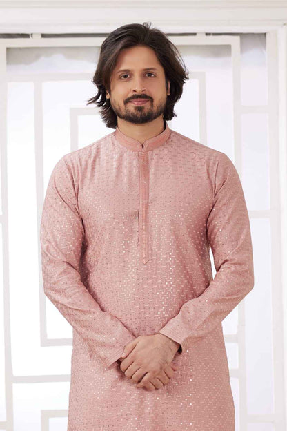 Peach Pure Soft Art Banarasi Silk Embroidery Thread Work Kurta Pajama Set