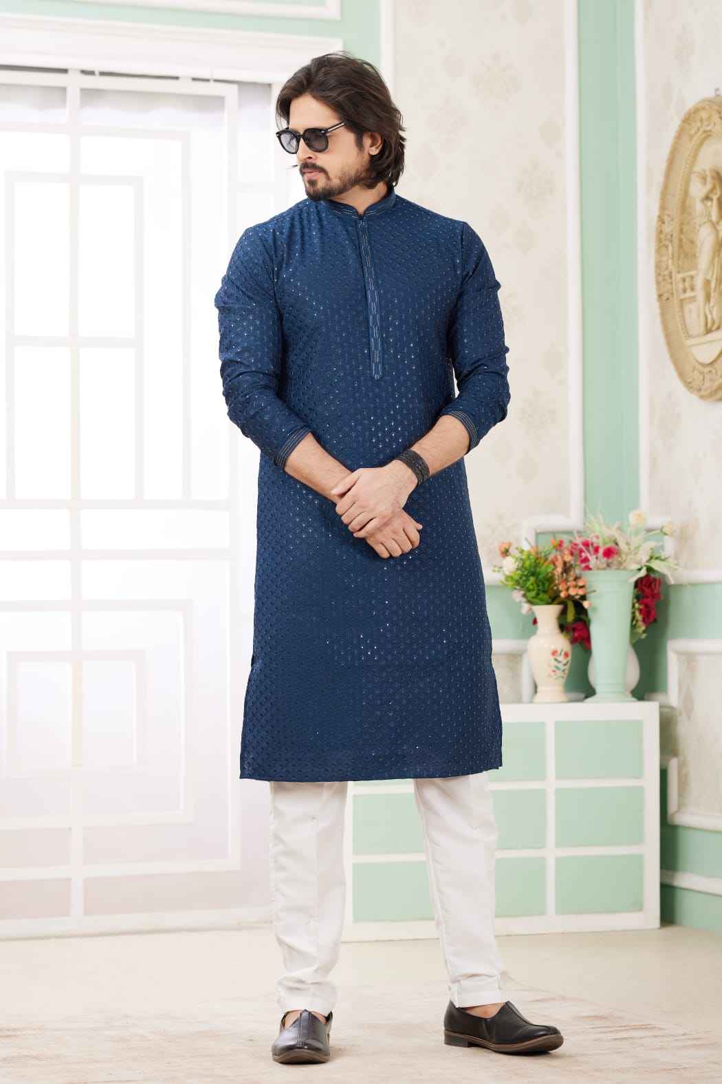 Blue Pure Soft Art Banarasi Silk Embroidery Thread Work Kurta Pajama Set