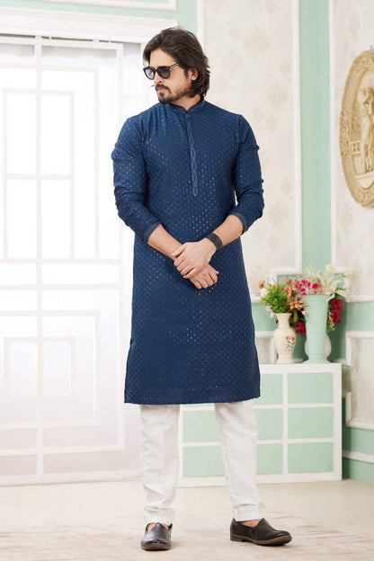 Blue Pure Soft Art Banarasi Silk Embroidery Thread Work Kurta Pajama Set