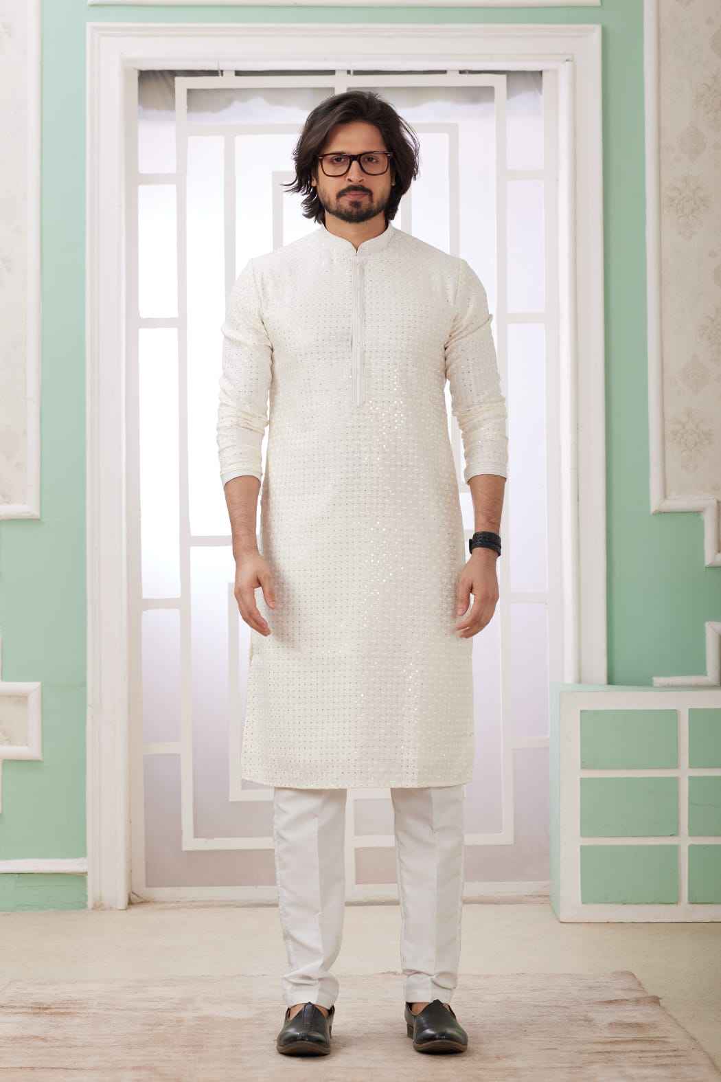 Cream Pure Soft Art Banarasi Silk Embroidery Thread Work Kurta Pajama Set