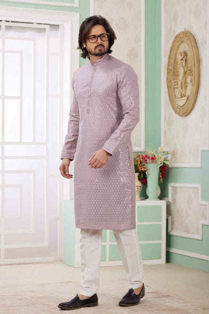 Lilac Pure Soft Art Banarasi Silk Embroidery Thread Work Kurta Pajama Set