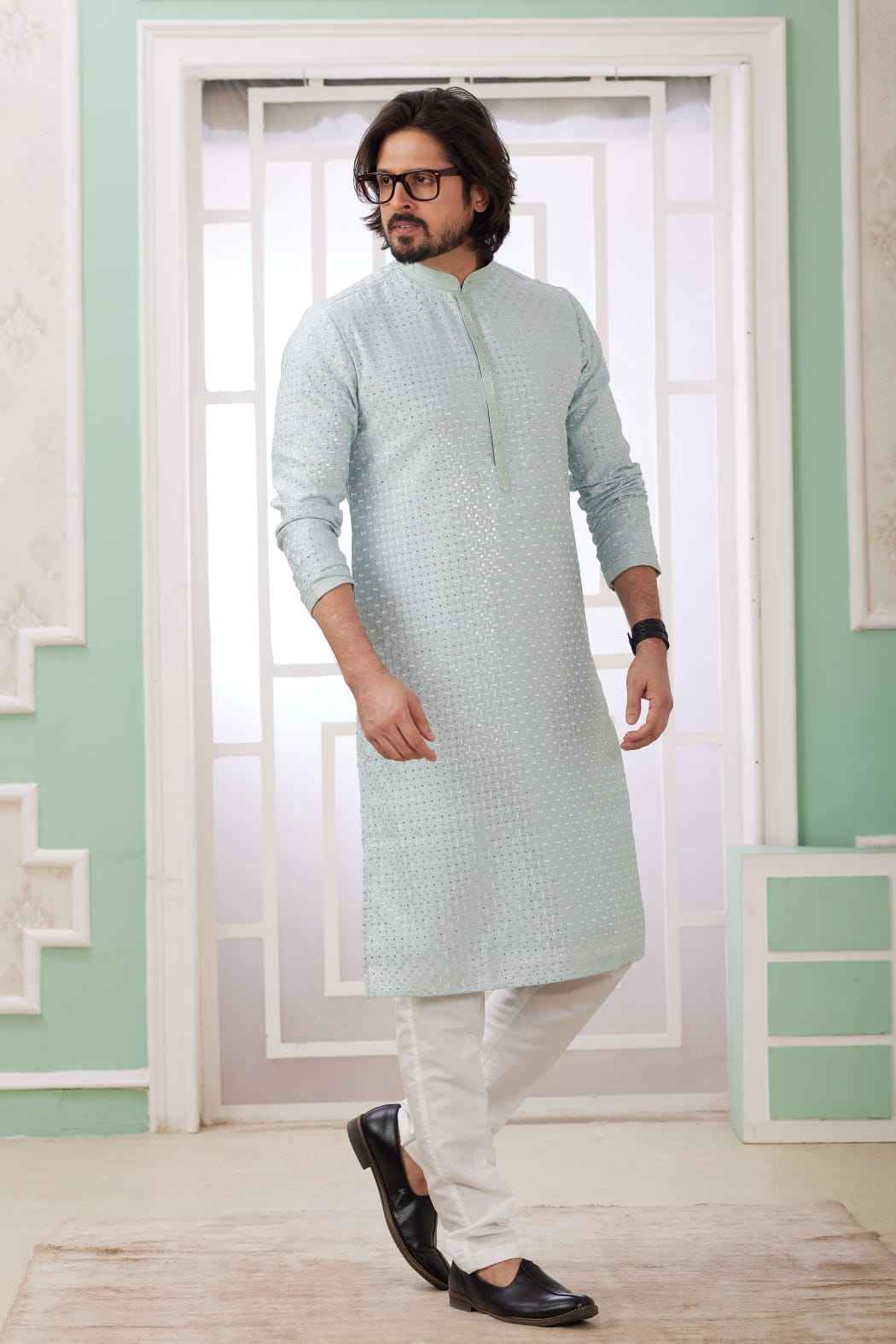 Mint Green Pure Soft Art Banarasi Silk Embroidery Thread Work Kurta Pajama Set