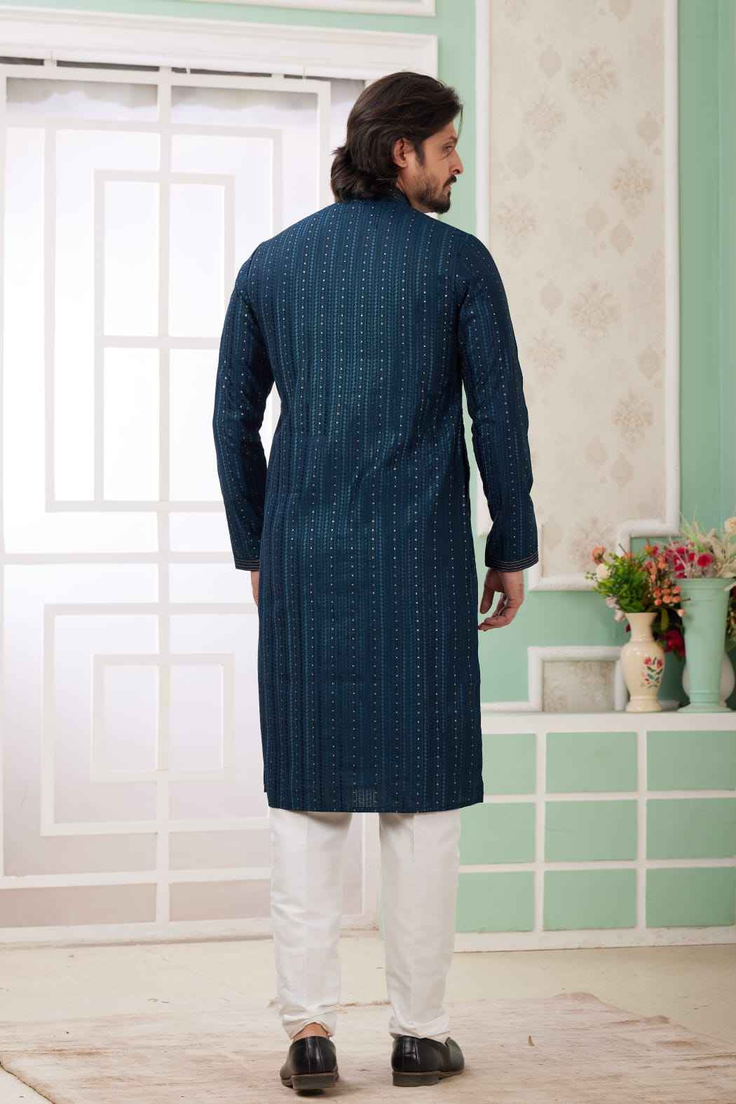 Teal Blue Pure Soft Art Banarasi Silk Embroidery Thread Work Kurta Pajama Set