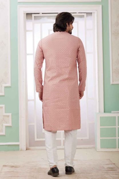 Peach Pure Soft Art Banarasi Silk Embroidery Thread Work Kurta Pajama Set