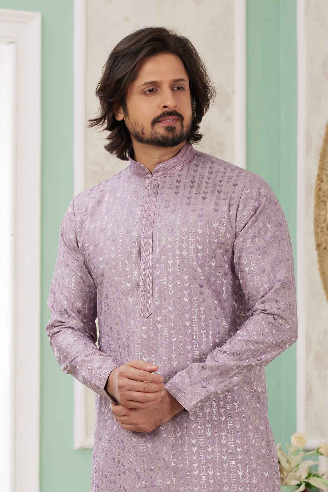 Lilac Pure Soft Art Banarasi Silk Embroidery Thread Work Kurta Pajama Set