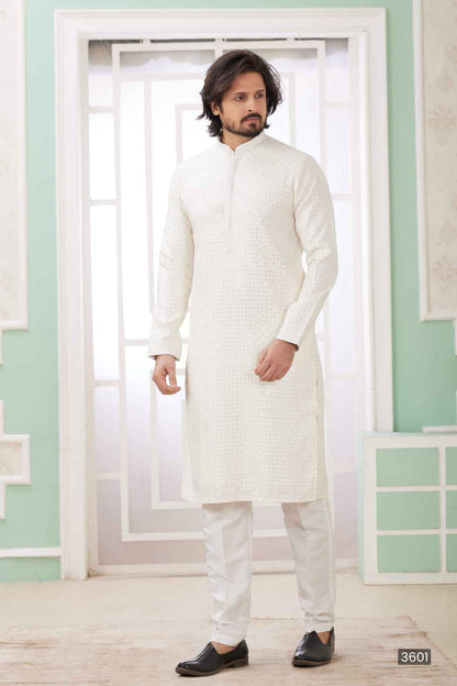 Cream Pure Soft Art Banarasi Silk Embroidery Thread Work Kurta Pajama Set