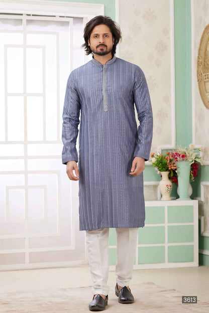 Dusty Blue Pure Soft Art Banarasi Silk Embroidery Thread Work Kurta Pajama Set