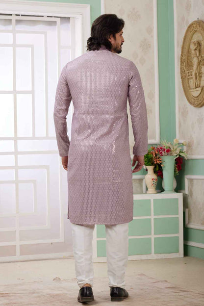 Lilac Pure Soft Art Banarasi Silk Embroidery Thread Work Kurta Pajama Set