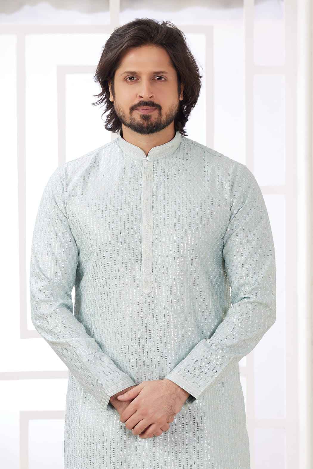 Mint Green Pure Soft Art Banarasi Silk Embroidery Thread Work Kurta Pajama Set