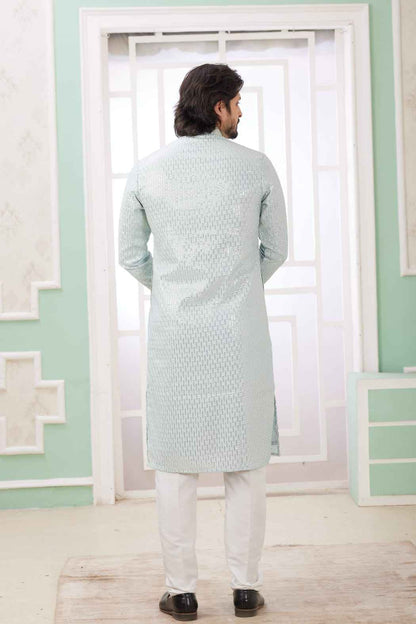 Mint Green Pure Soft Art Banarasi Silk Embroidery Thread Work Kurta Pajama Set