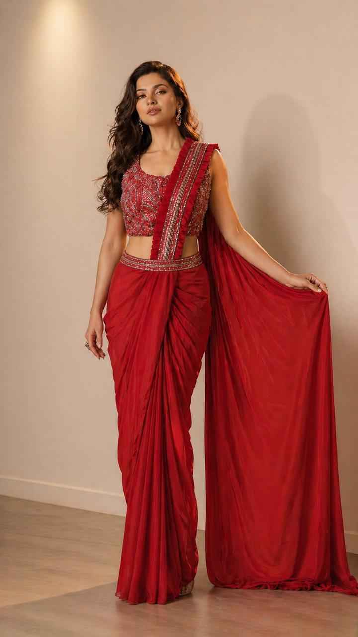 Red Pure Imported Fendi Silk Ready to Wear Saree