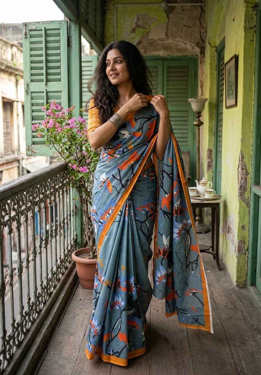 Grey Pure Soft Malmal Cotton Floral Print Cotton Saree
