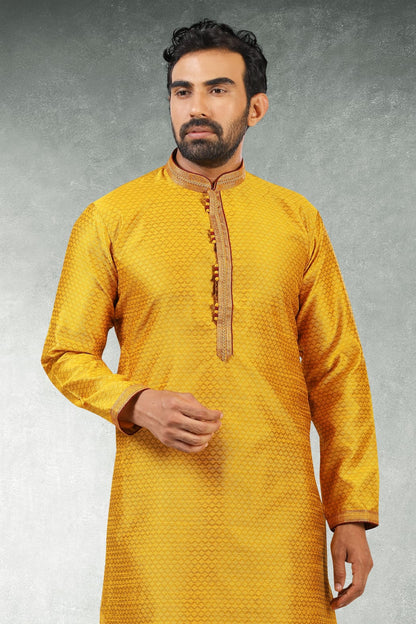 Yellow Pure Soft Jequard Silk Brocade Kurta Pajama